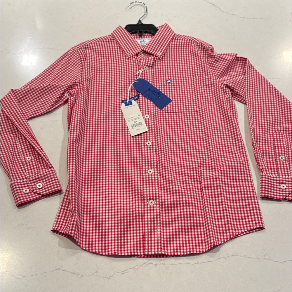 Southern Tide Boys Red Gingham Kids Button Down Shirt sz 8-10